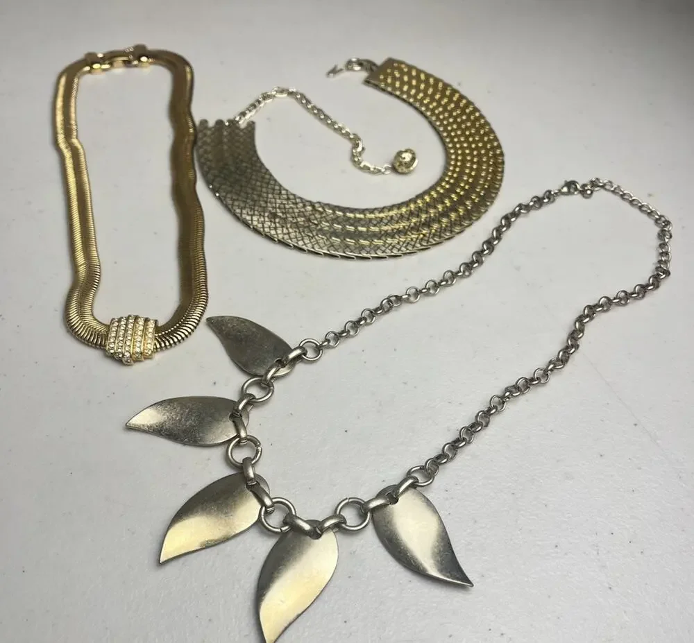 Gold Tone Snake Chain Necklace Collar Fringe Bib Leaf Vintage Estate Jewelry Lot